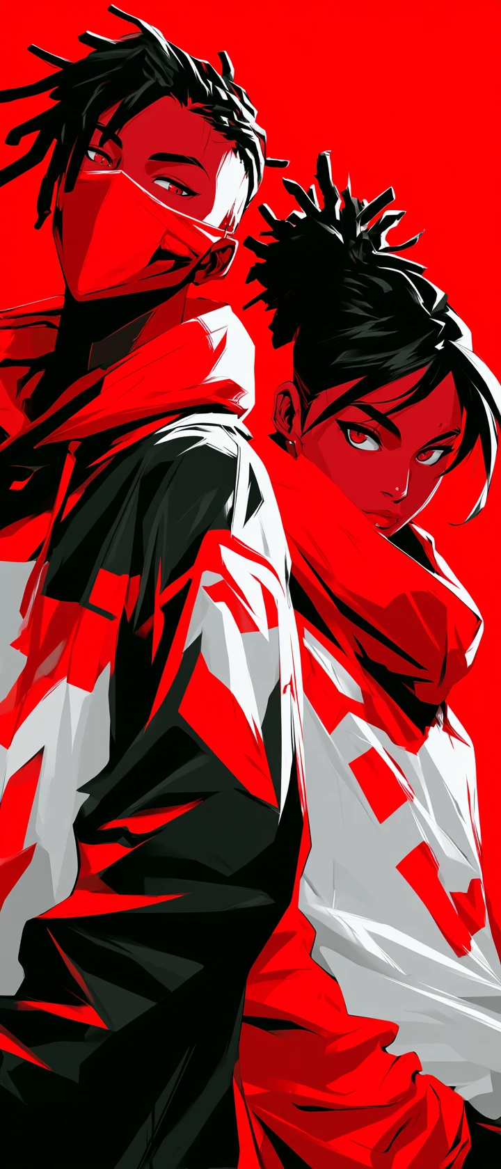 Ritratto vettoriale di coppia anime in streetwear rosso monocromatico