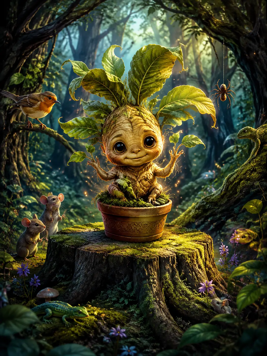 Dolce baby mandragora in un vaso luminoso su un ceppo muschioso
