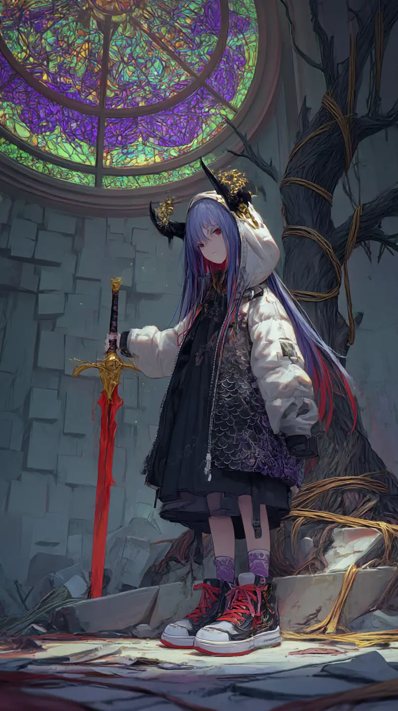 黑暗毀壞大廳中的火焰之劍動畫少女