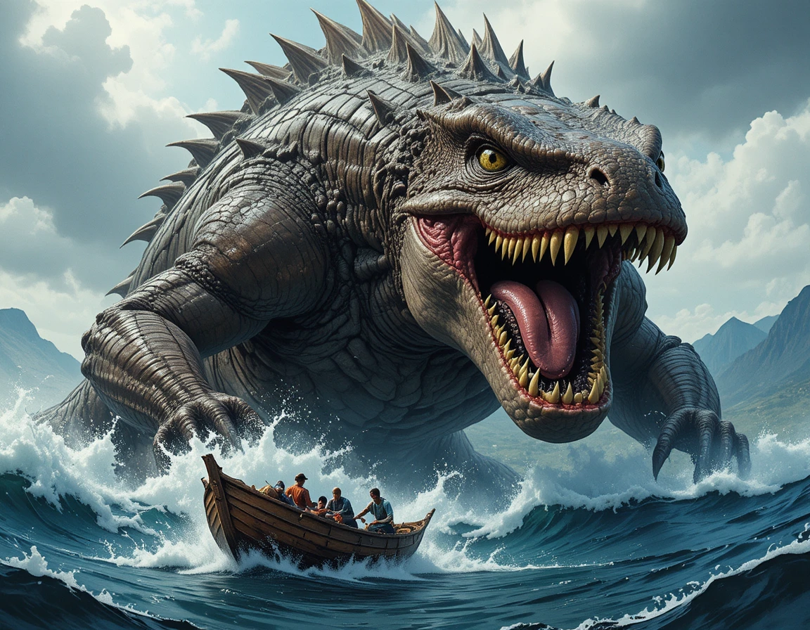 Monstro marinho colossal emergindo de ondas tempestuosas
