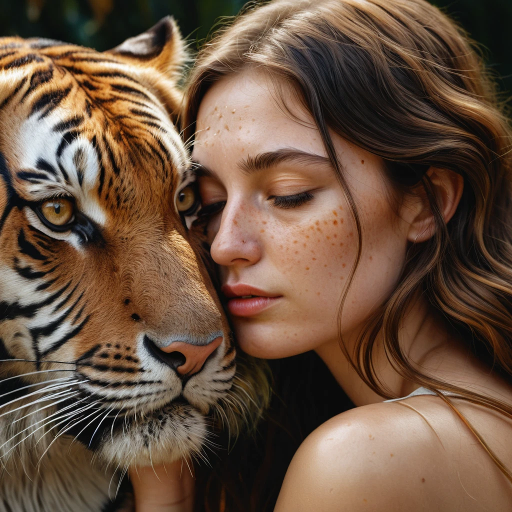 Joven en estrecho abrazo con un majestuoso tigre