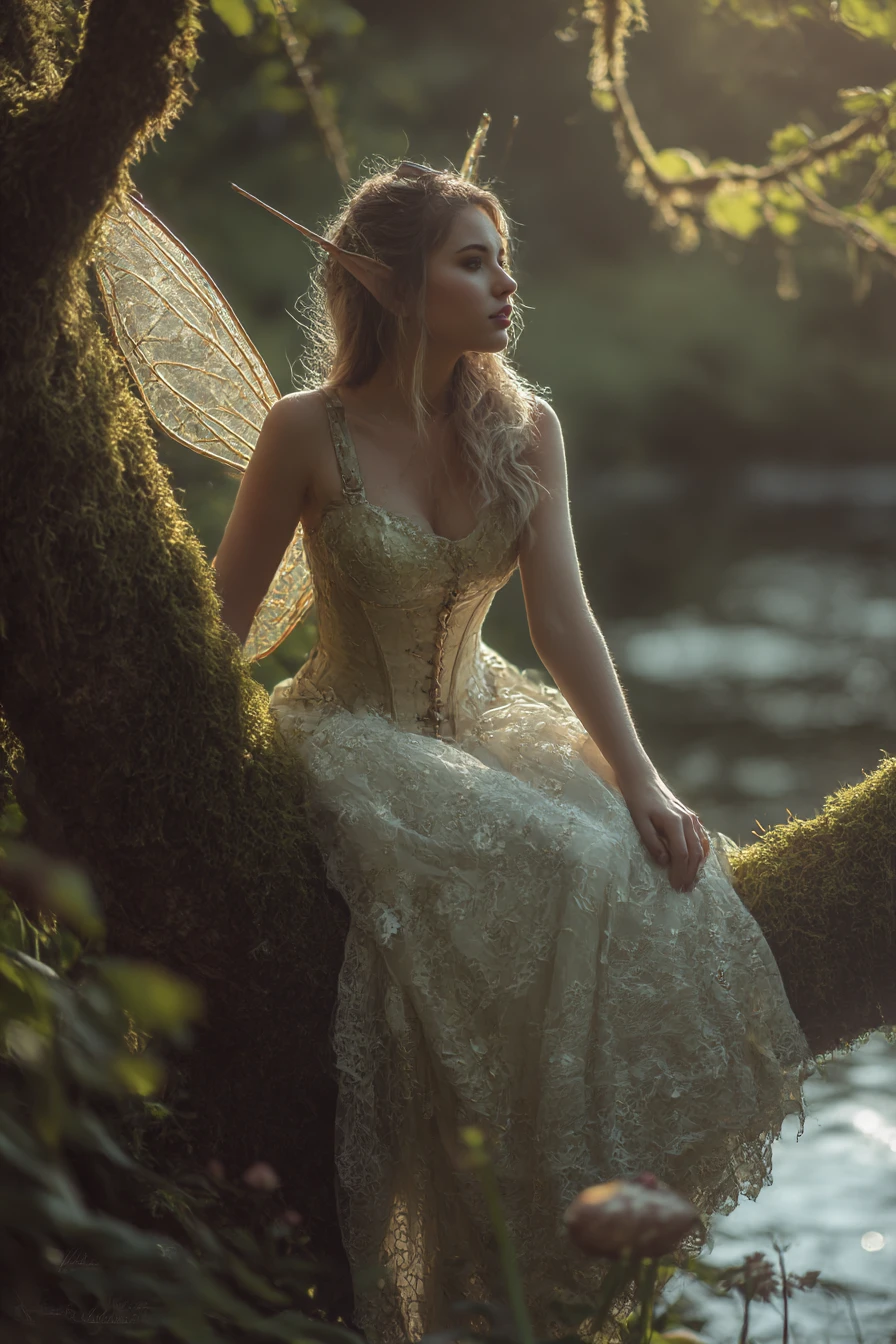 Steampunk fairy resting on a mossy branch in forest glade