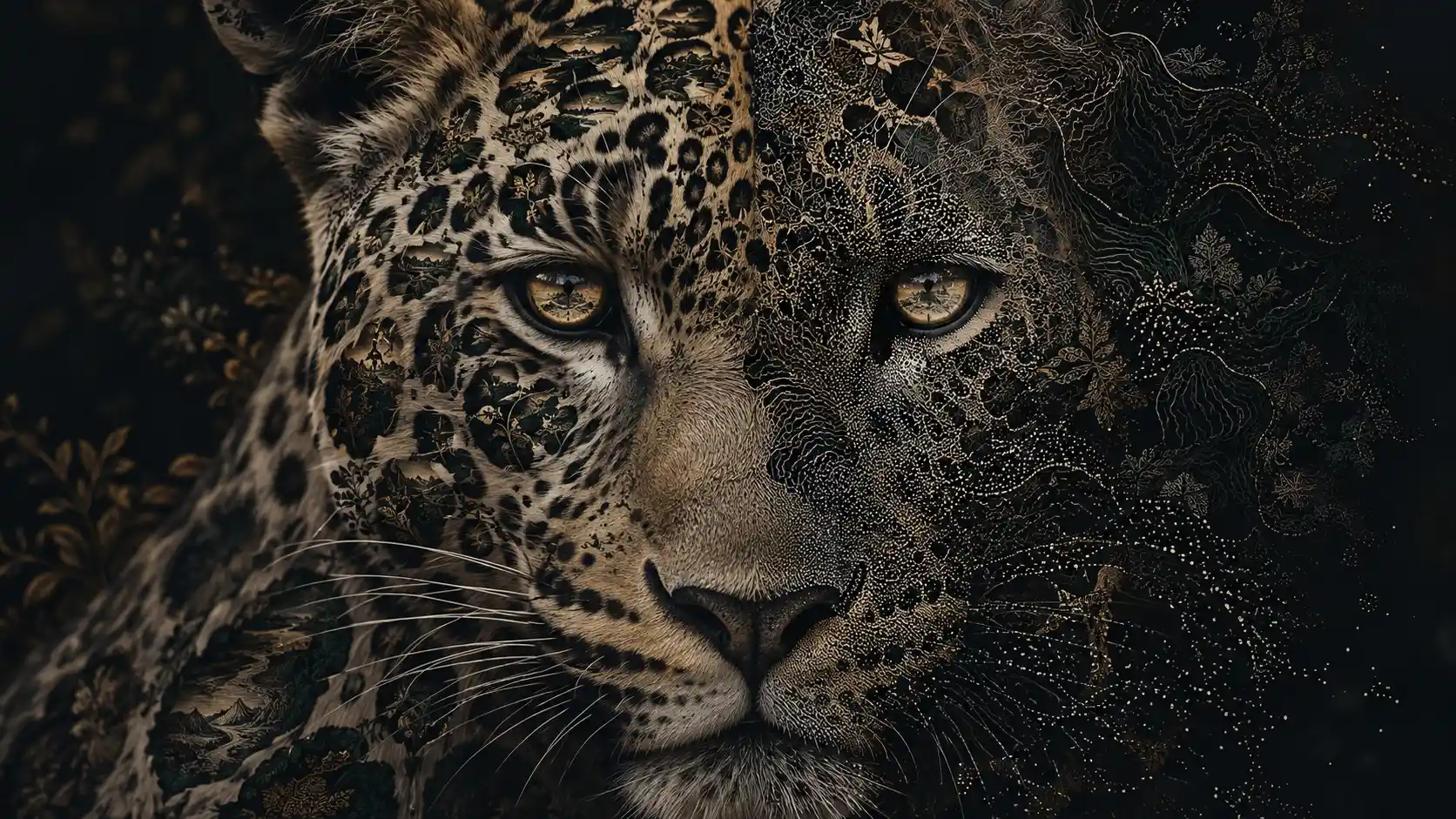 Ritratto surreale di leopardo con rosette cartografiche e occhi color ambra