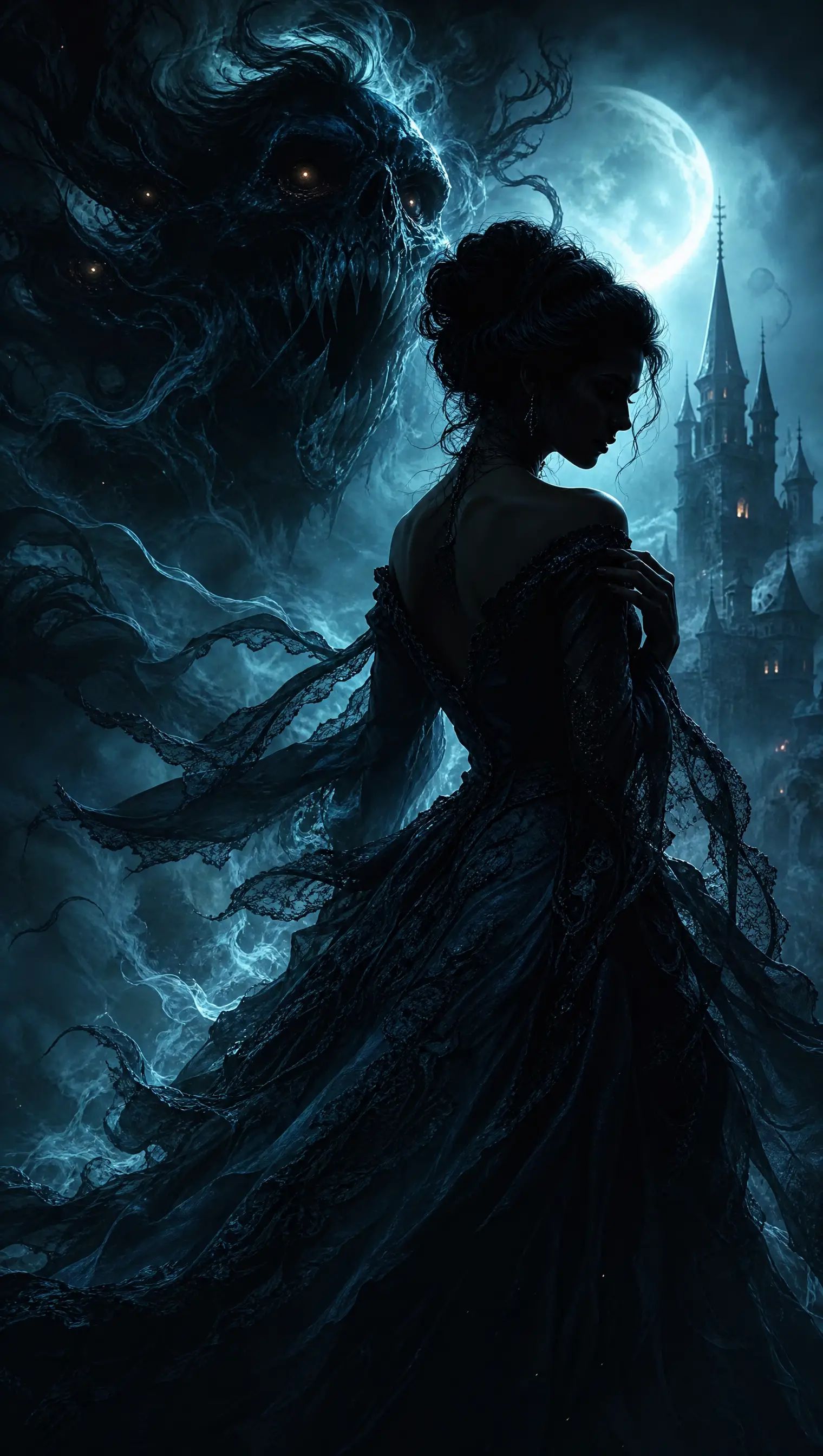 Creatura dark fantasy in vorticoso fumo magico barocco