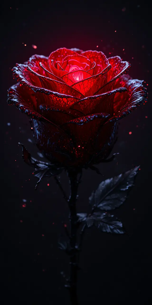 Rosa nera luminosa con petali traslucidi simili al vetro
