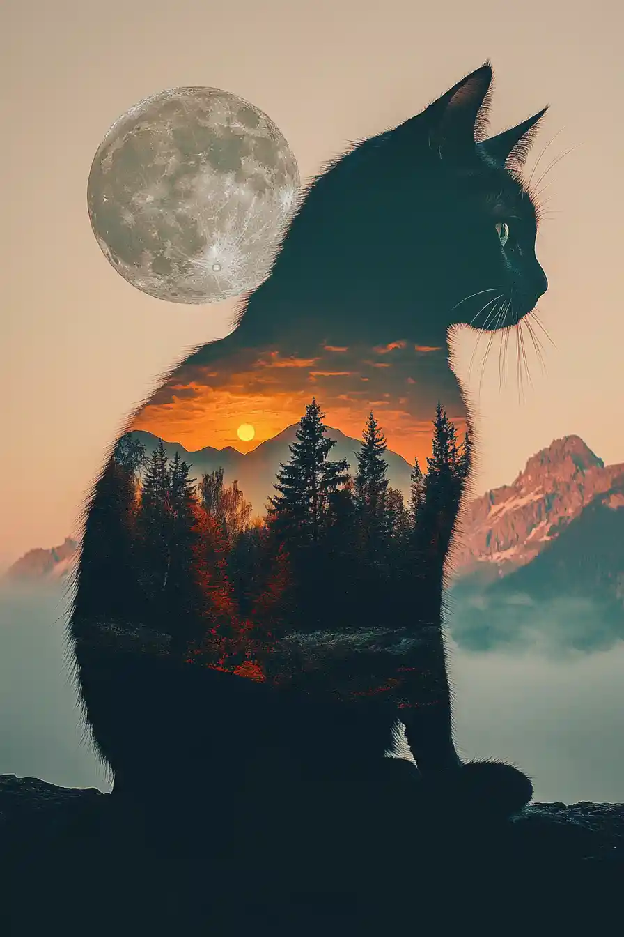 Gatto nero surreale con paesaggio interno illuminato dalla luna
