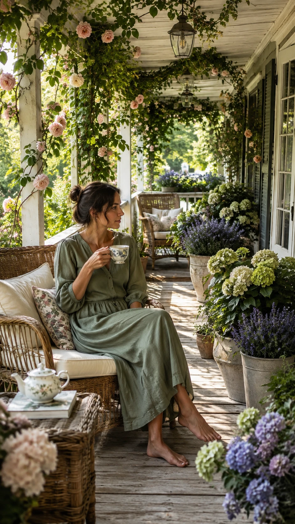 Mujer bebiendo té en una veranda envolvente llena de flores