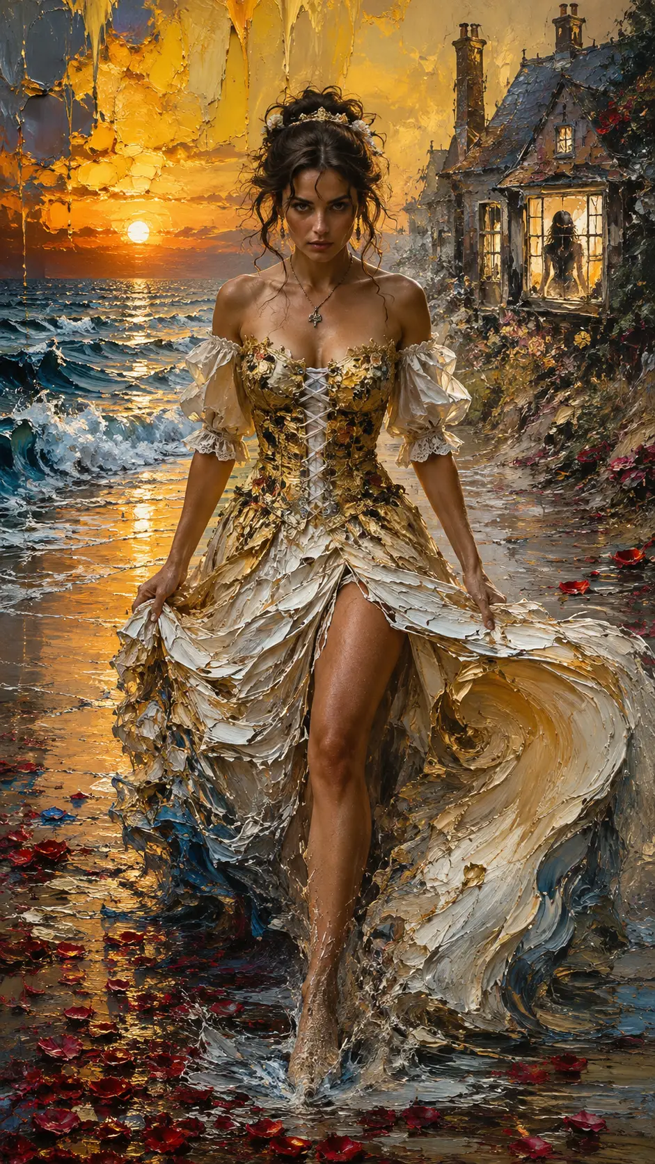 Confident bride walking along a surreal sunset beach