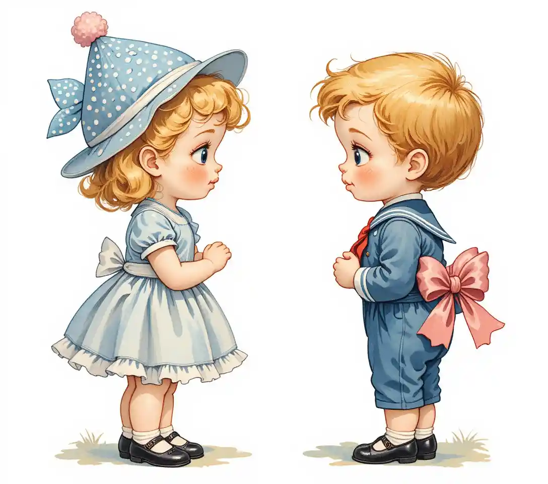 Süße Vintage-Illustration schüchterner Kinder mit Geschenk