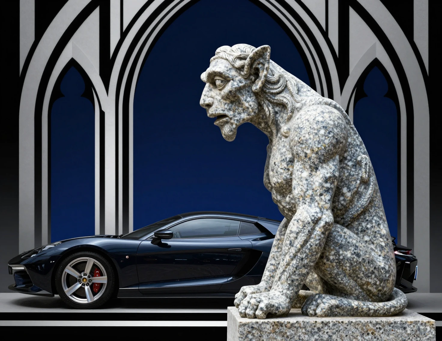 Mascotte gargoyle di granito accanto a un’auto sportiva gotica scura