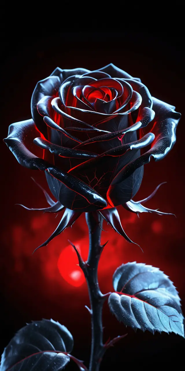 Rosa nera luminosa con luce rossa su sfondo scuro