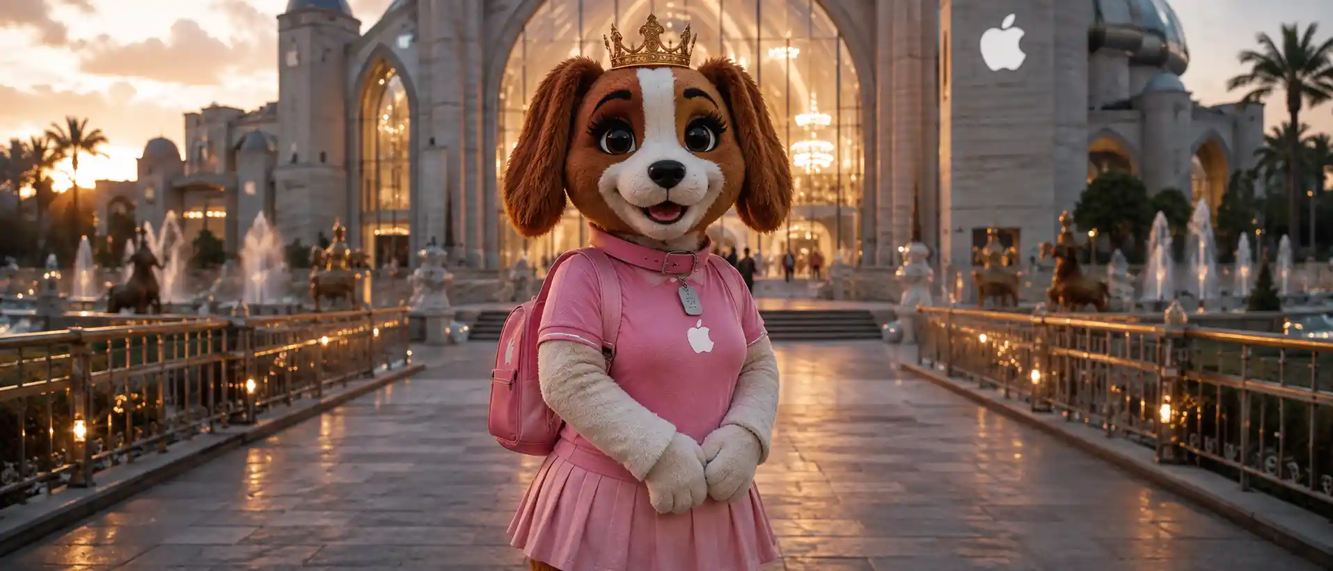 Mascotte cane principessa con corona in un parco cittadino