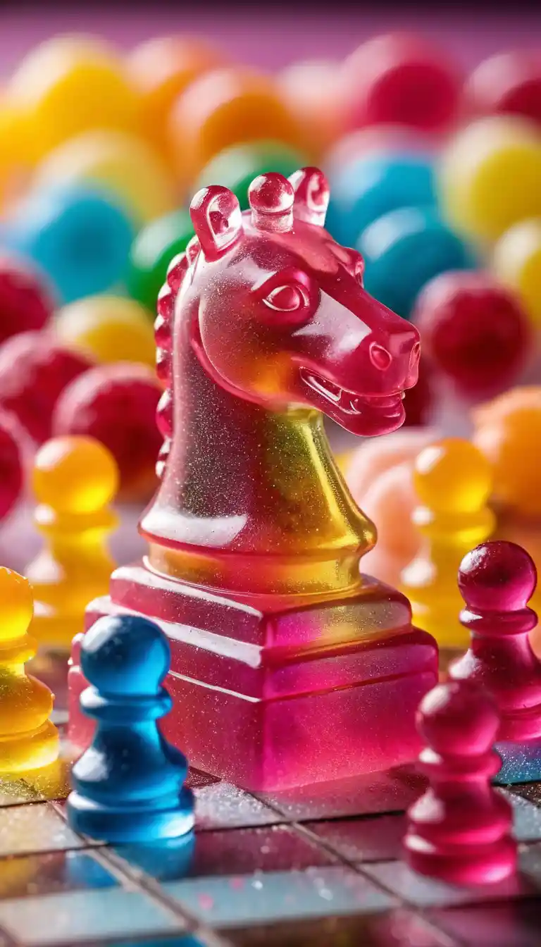 Macro candy chess pieces on a waffle game board