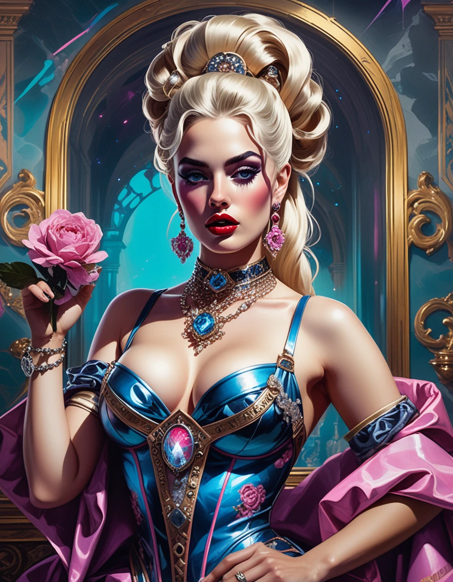 Neon goddess pinup in baroque couture and jewelry