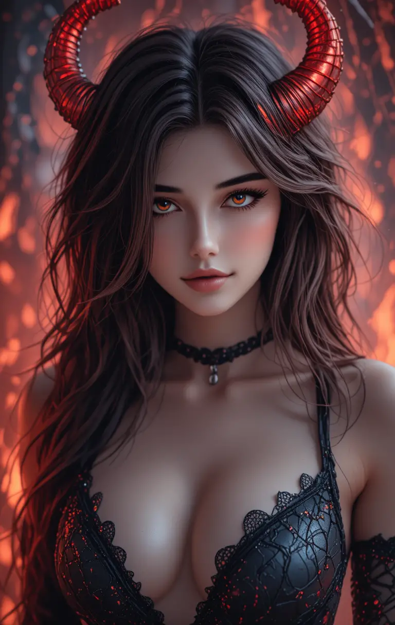 Primer plano de mujer demonio gótica con cuernos rojos ardientes