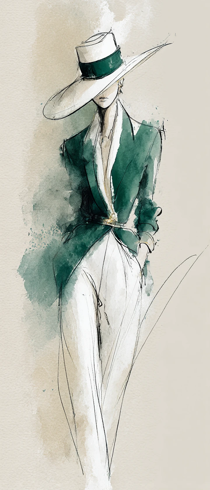 Elegante schizzo di moda di donna con outfit verde e bianco