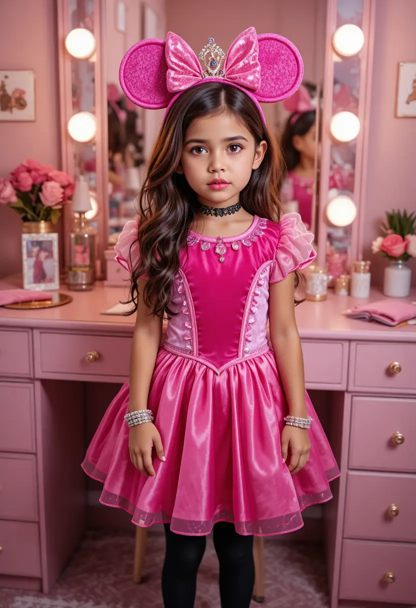 Préado garçon en costume de princesse posant devant la coiffeuse de sa chambre
