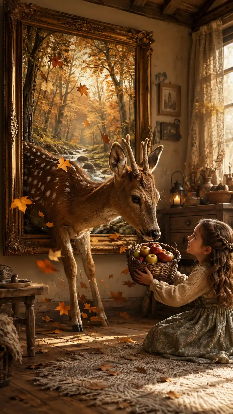 Giovane cervo che esce da un dipinto del bosco in un cottage