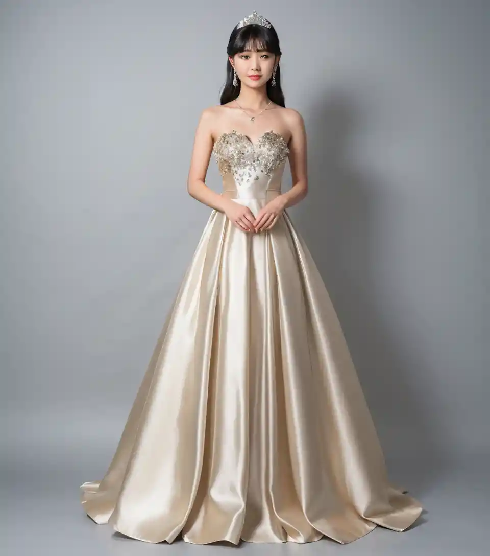 Elegante junge Frau in hellgoldener Satin-Ballrobe