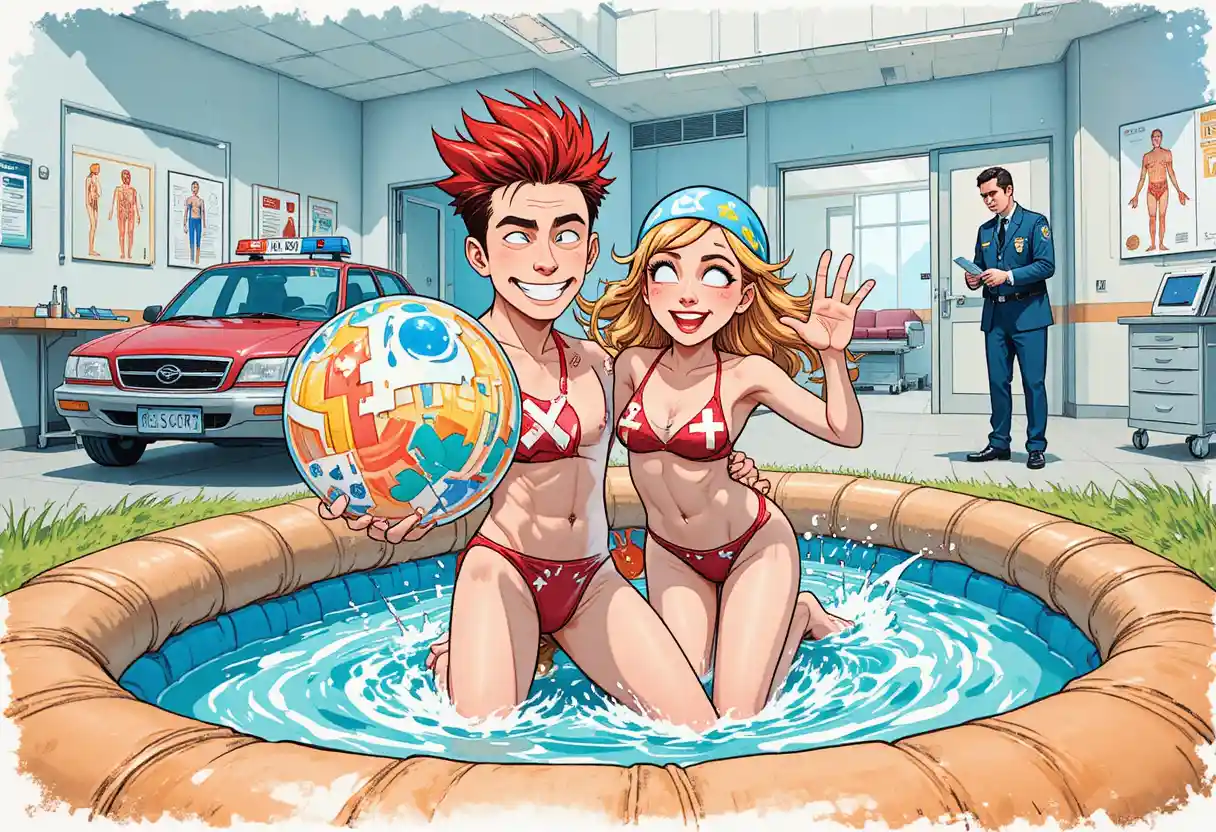 Cabriolet rouge en dessin animé poursuivi par la police sur une route ensoleillée