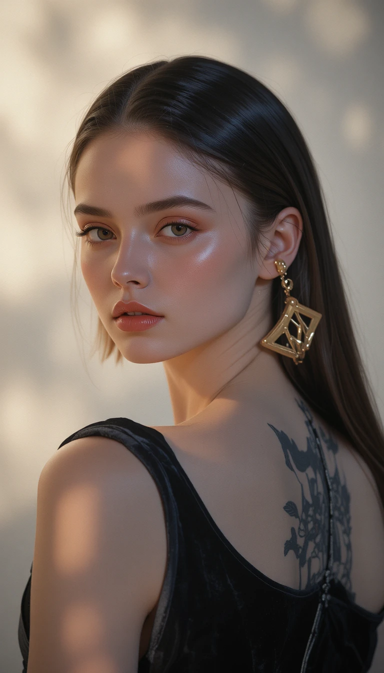 Elegant fashion portrait of woman in black velvet gown