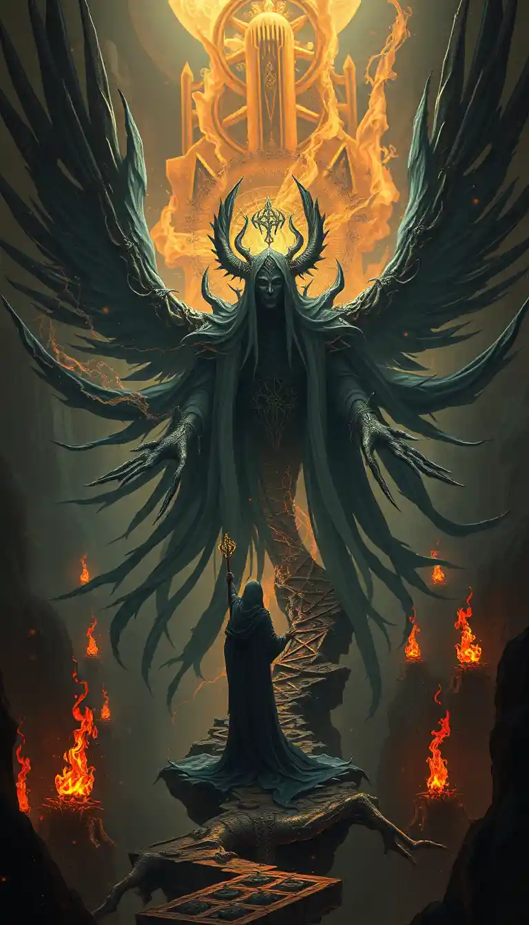 Arte conceitual mística sombria com atmosfera sagrada e caótica