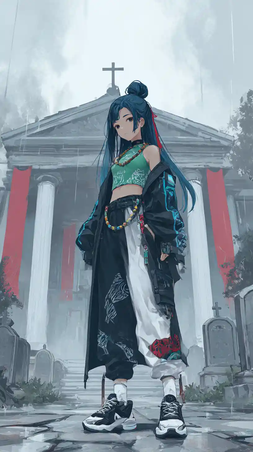 Chica de anime con atuendo estampado, moño y horquilla de cruz
