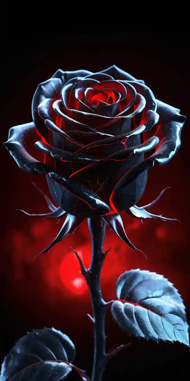 Rosa nera luminosa con luce rossa su sfondo scuro