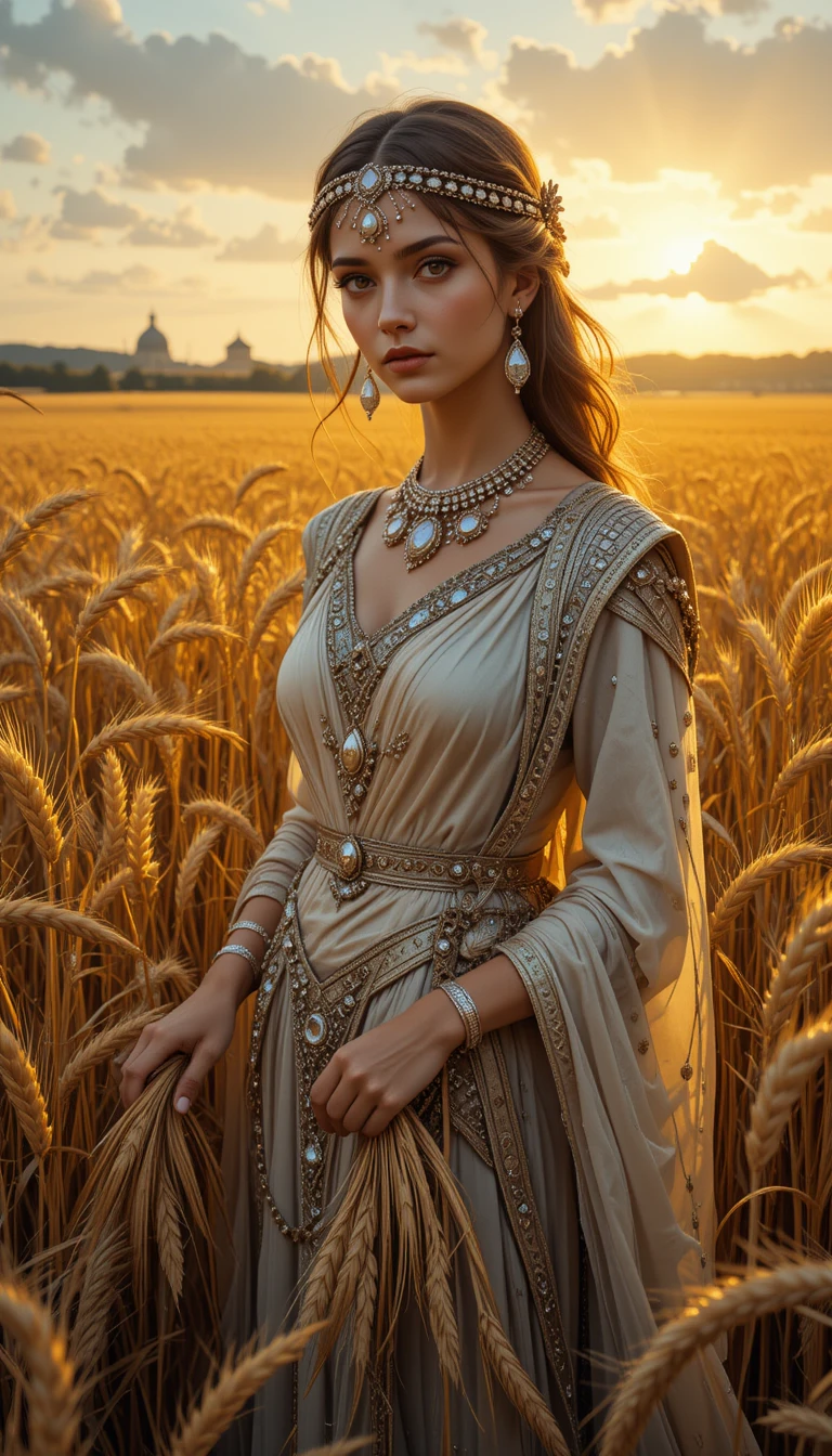 Jewelled woman in tunic standing in golden wheat field