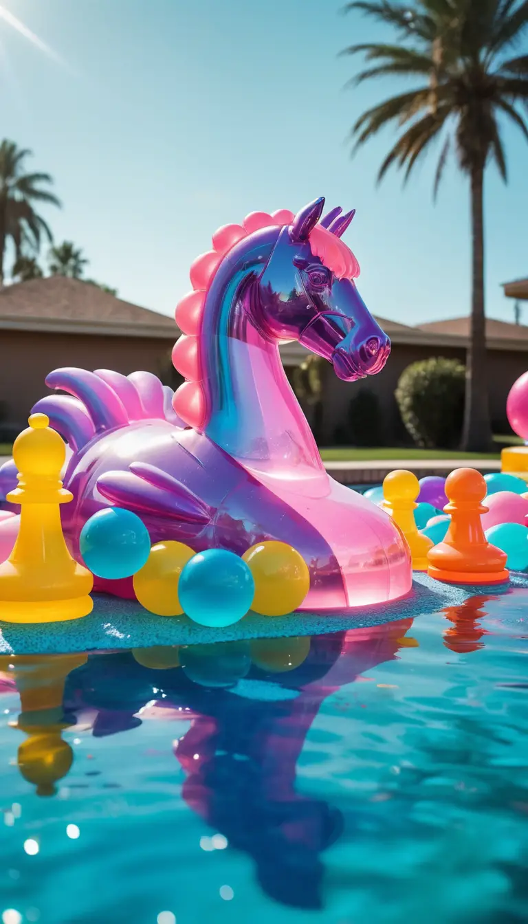 Conjunto de xadrez de gelatina colorida flutuando em uma piscina de verão