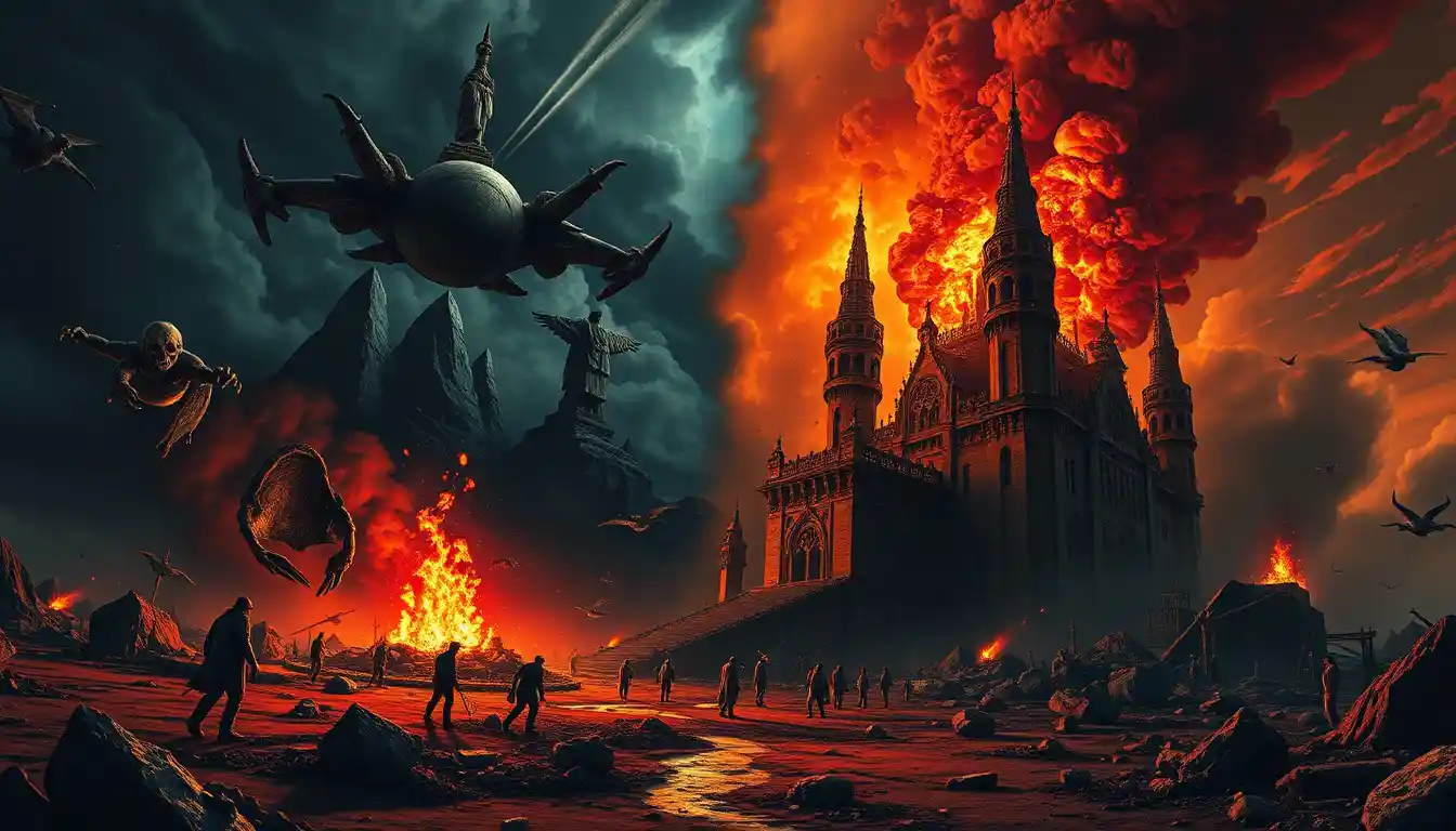Cinematic apocalyptic world split between terror and absurd comedy