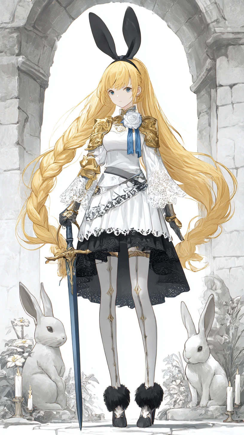 Golden haired anime girl warrior with braid and sword