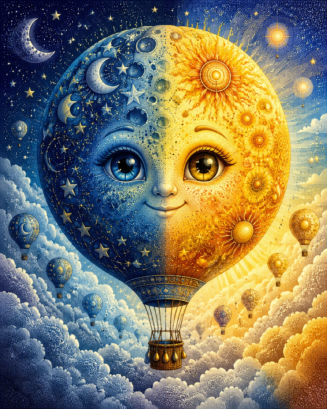 Whimsical celestial hot air balloon of moon and sun worlds