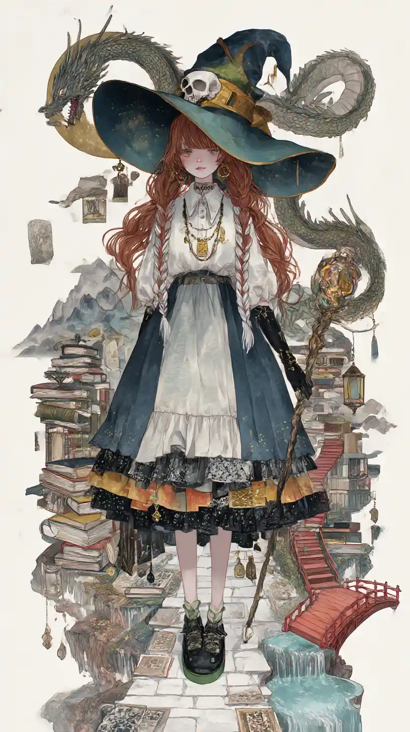 Ragazza strega anime con collana a teschio e gonna a balze