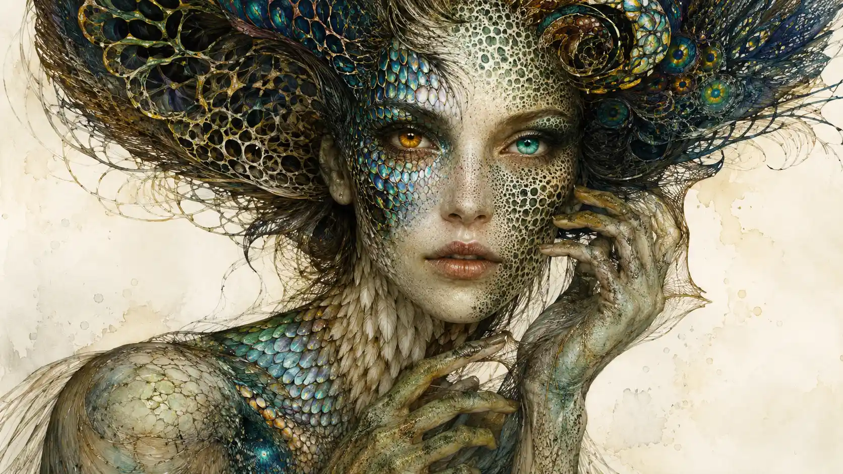 Surreal woman portrait with evolving animal skin textures