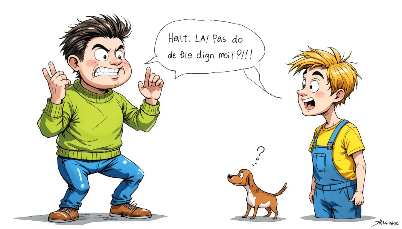 Garçons de dessin animé qui se disputent avec une bulle «chiens interdits»