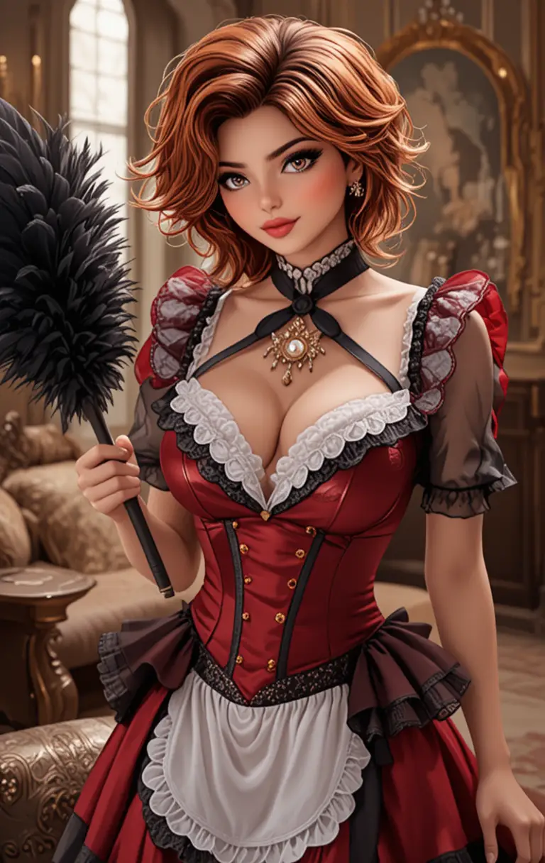 Red haired french maid cleaning in a luxury living room