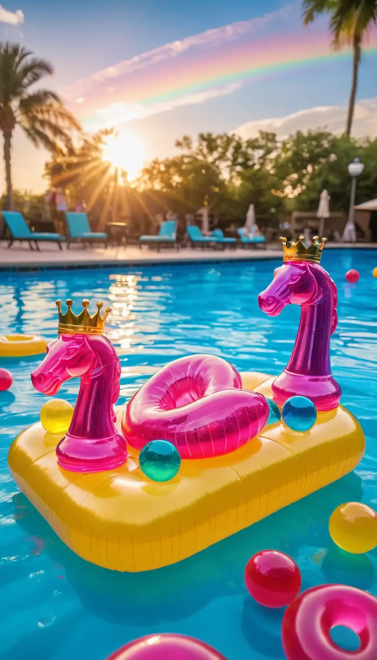 Conjunto de xadrez de gelatina vibrante flutuando em uma piscina colorida