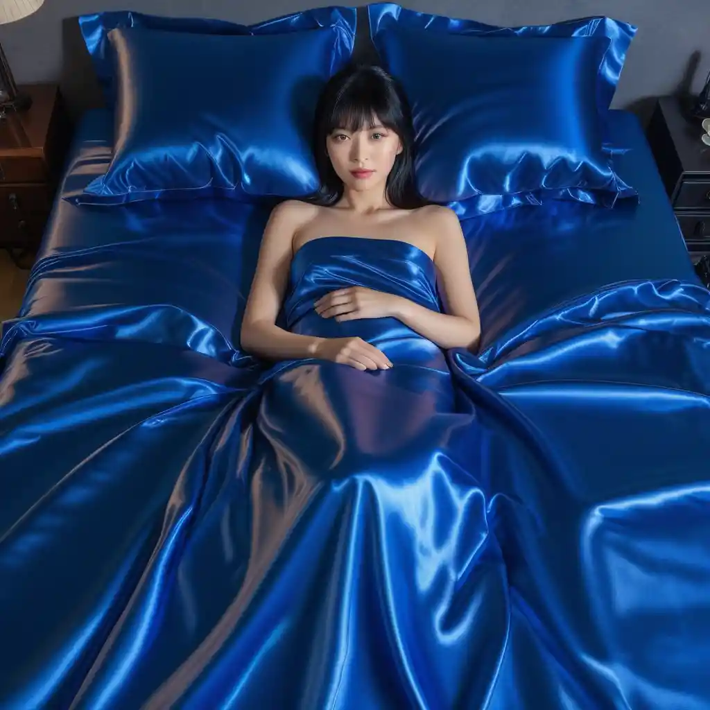 Japanese woman lying on electric blue satin bed sheets