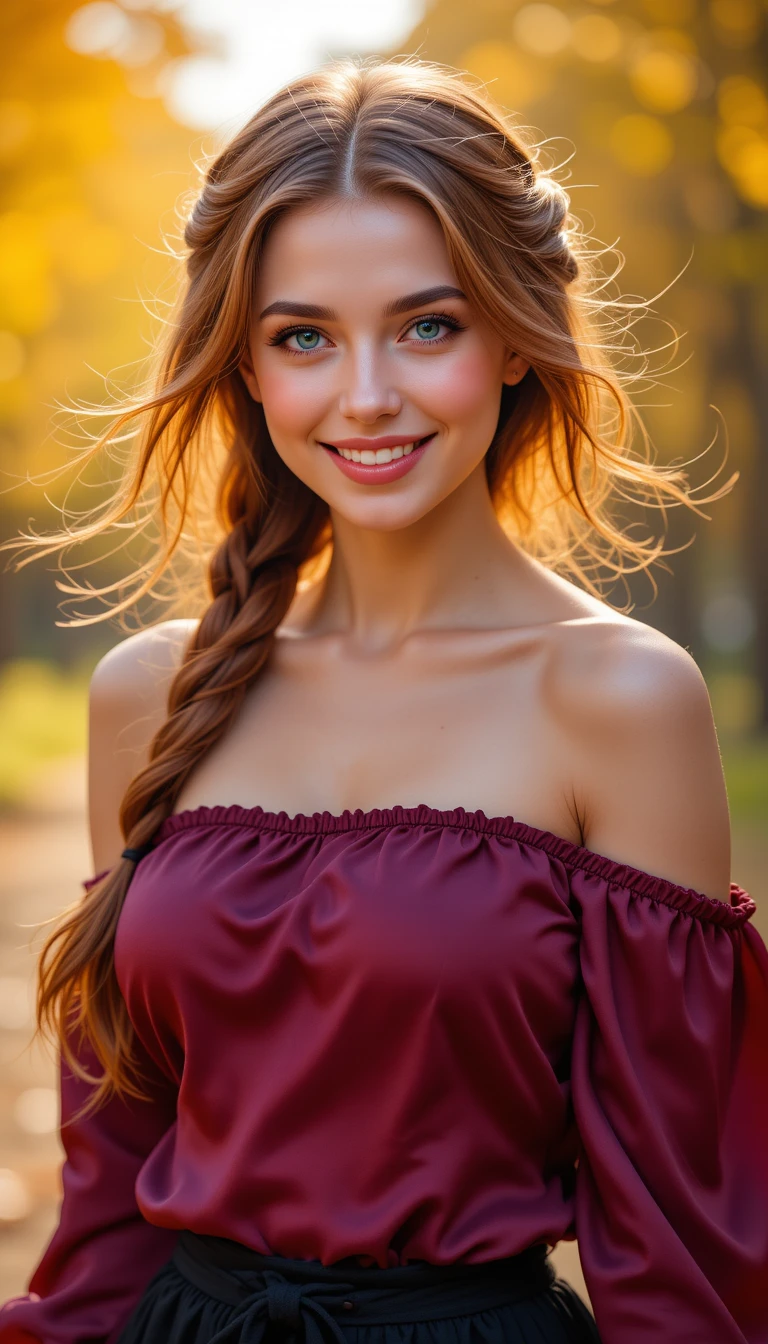 秋日森林中身穿酒紅絲質上衣的微笑女子