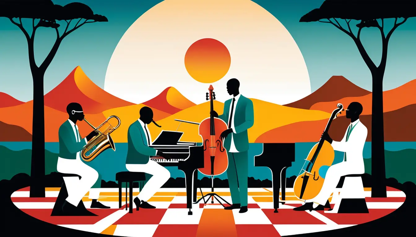 Quarteto de jazz surreal em paisagem geométrica banhada pelo sol