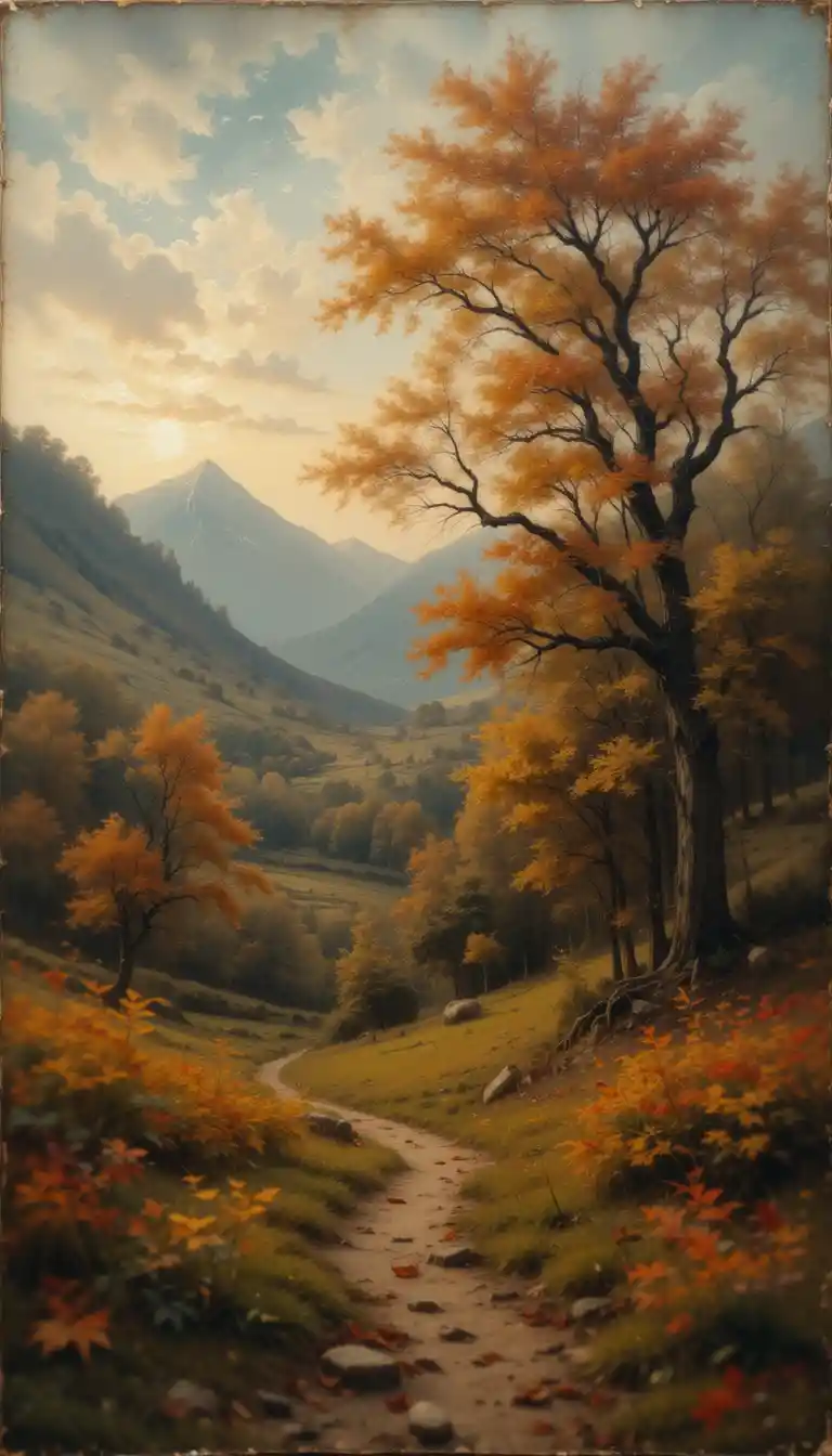 Antique rustic oil painting of a blurred fall landscape