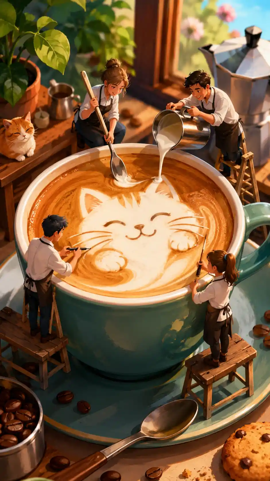 Cheerful digital illustration of colorful latte art coffee