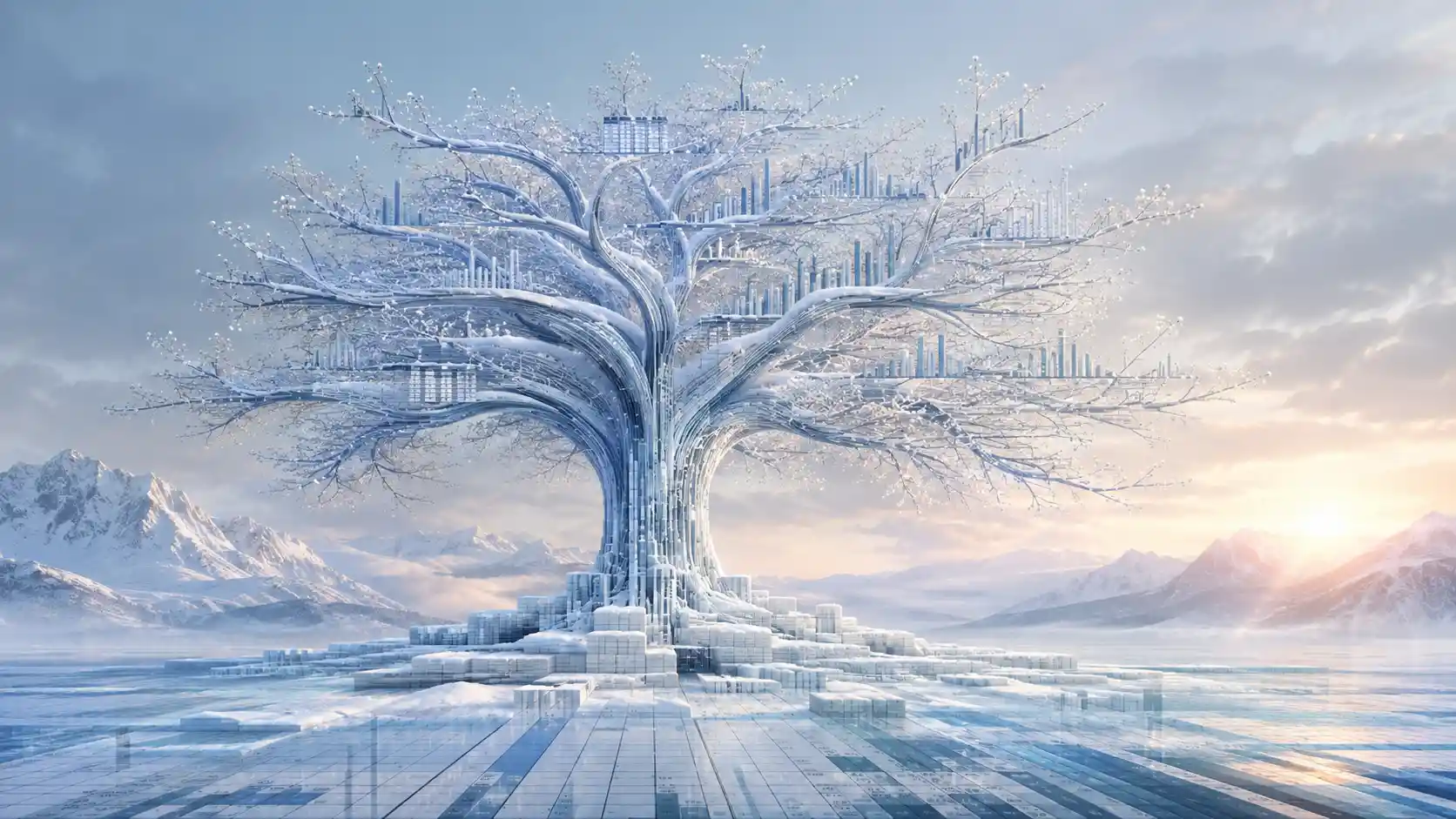 Snow covered data tree in a tranquil winter mountain landscape