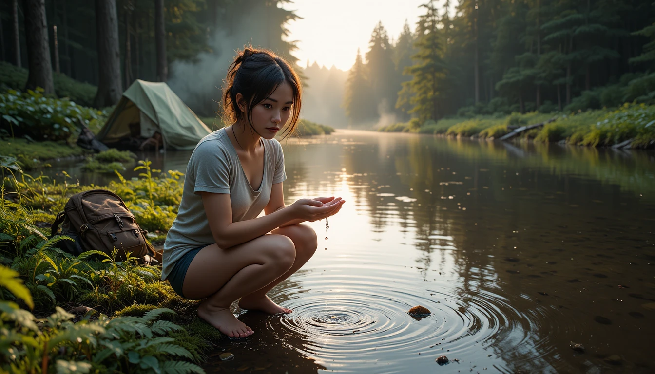 Young woman washing her face by a quiet forest river