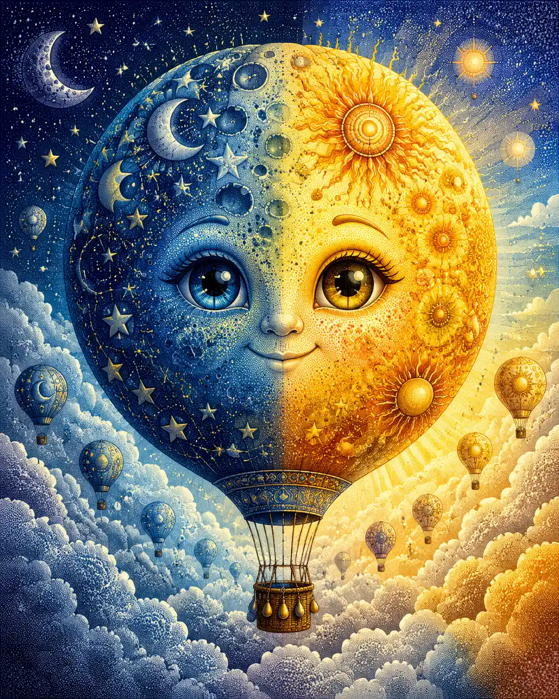 Whimsical celestial hot air balloon of moon and sun worlds