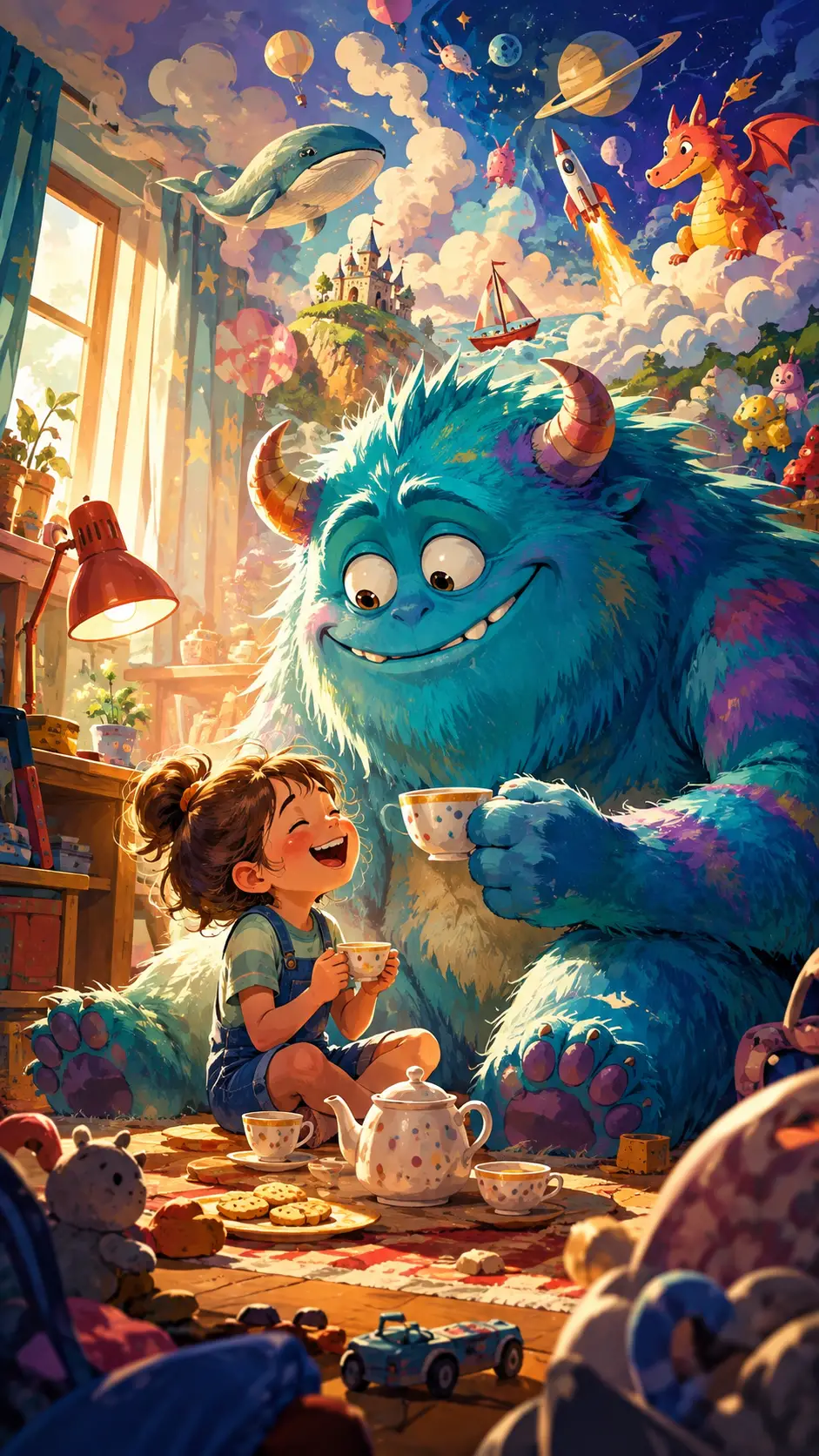 Amico immaginario colorato in una vivace e allegra scena fantasy