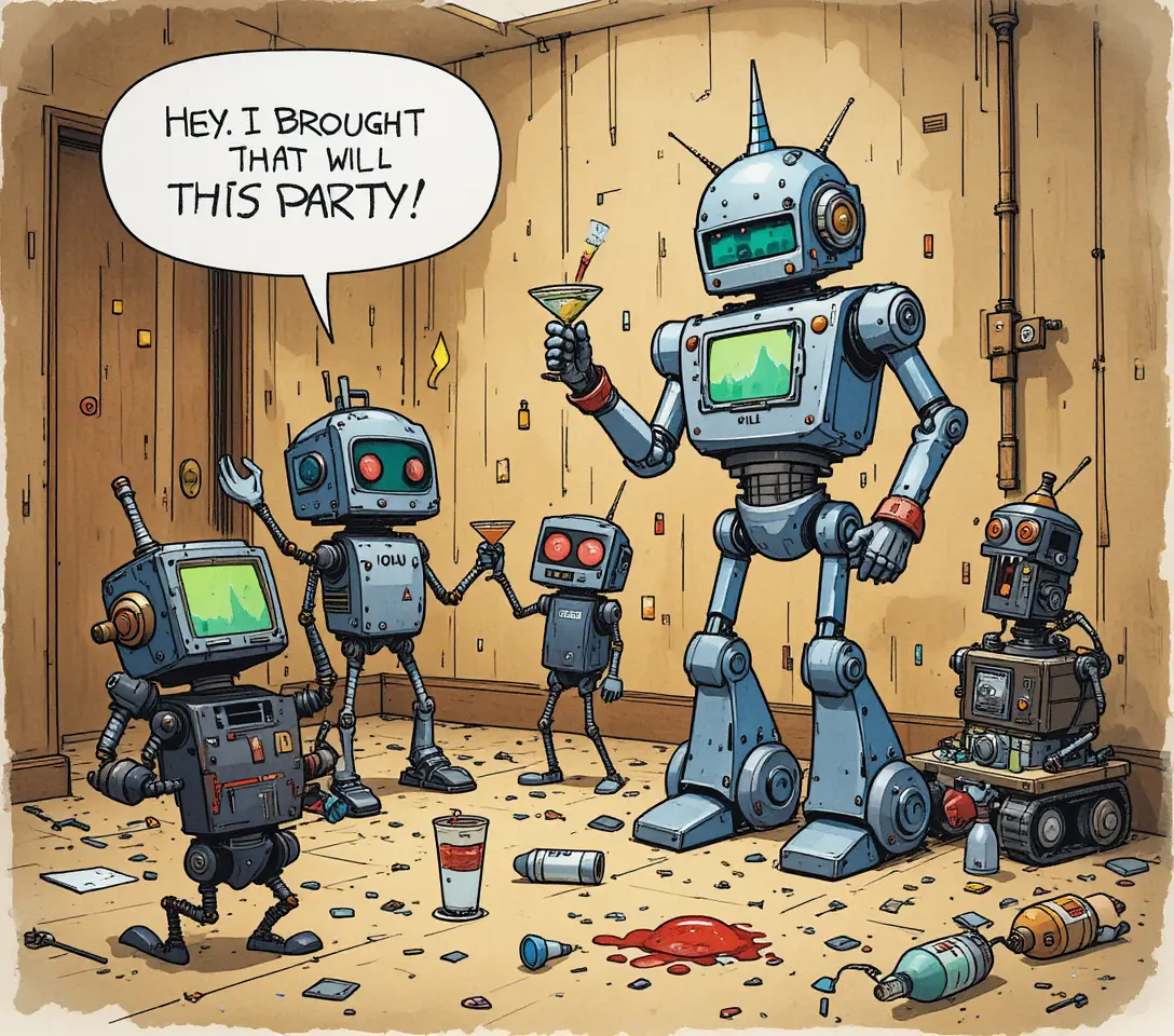 Scène ludique de fête de robots avec boissons et outils en intérieur