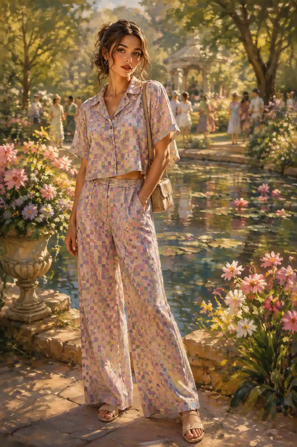 Junge Frau im gemusterten Outfit in sonnigem Blumengarten