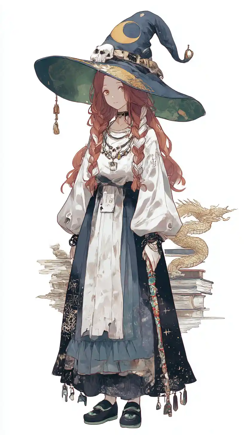 해골 목걸이와 프릴 스커트를 한 애니메이션 마녀 소녀